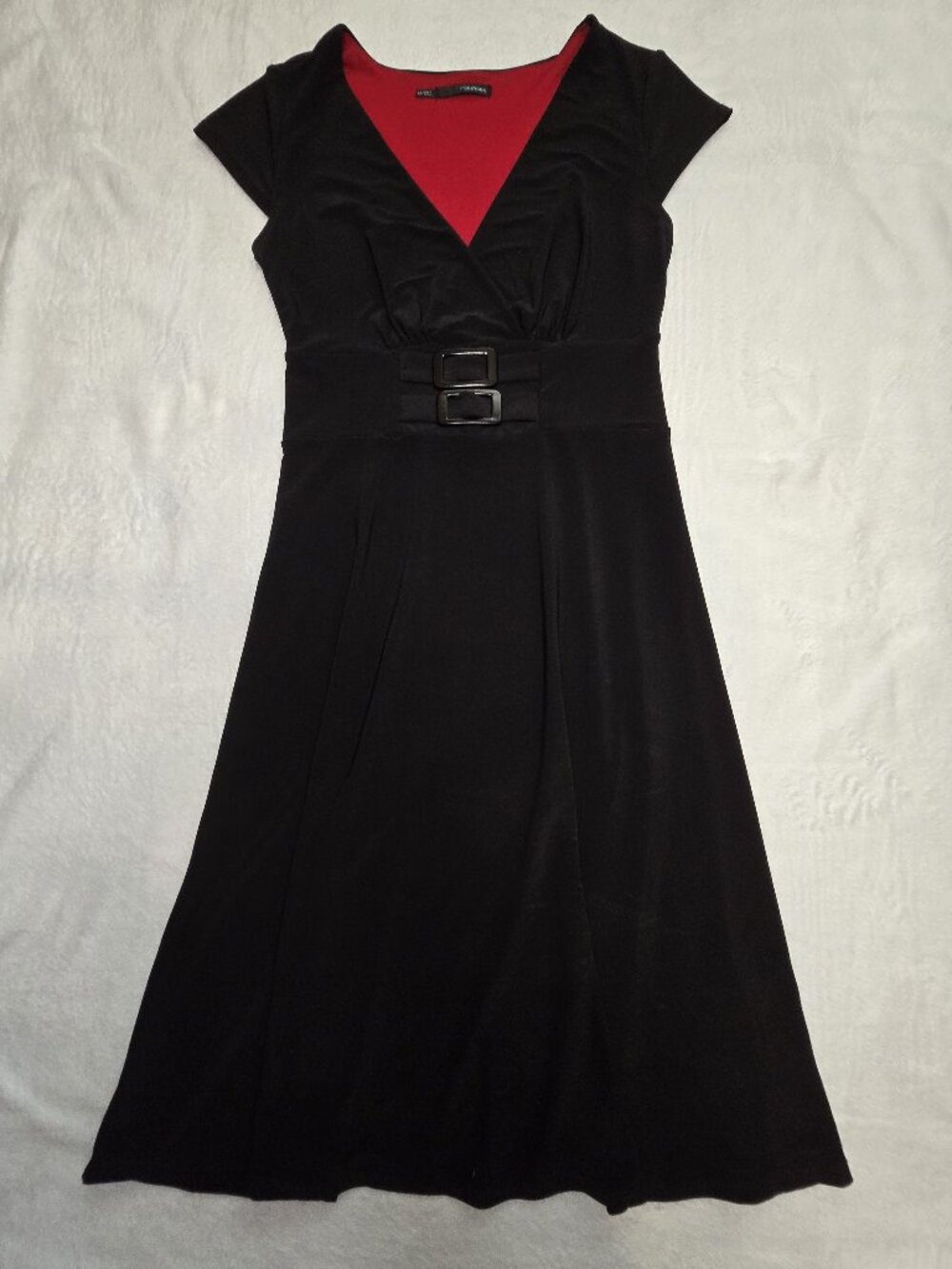 Maurices Faux Wrap Double Buckle Waist Midi Dress Black Red Modest V-Neck XS